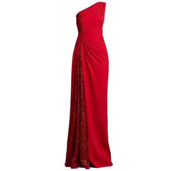Tadashi Shoji One Shoulder Lace Insert Gown Geranium Red Size 12 - Picture 4 of 15